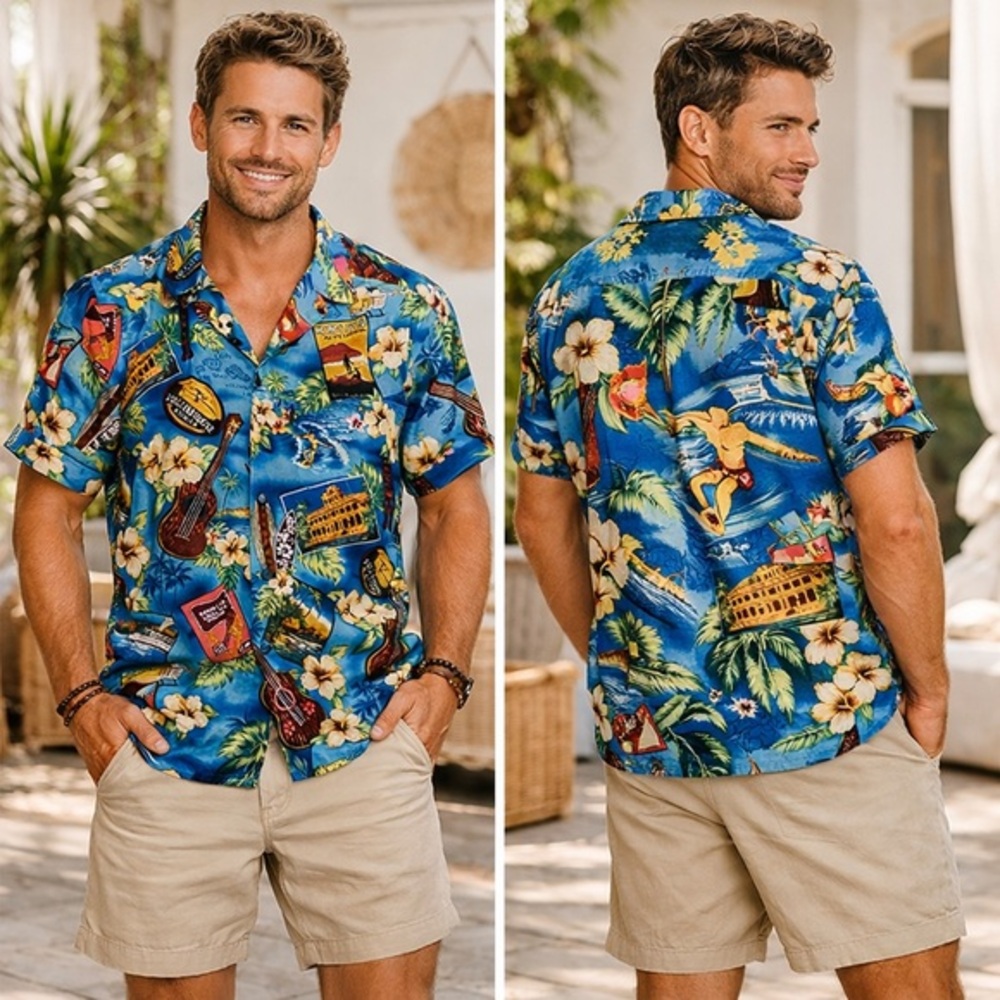 Vintage Hawaiian Aloha Shirt 100% Cotton Tropical Surf Ukulele Honolulu Print L